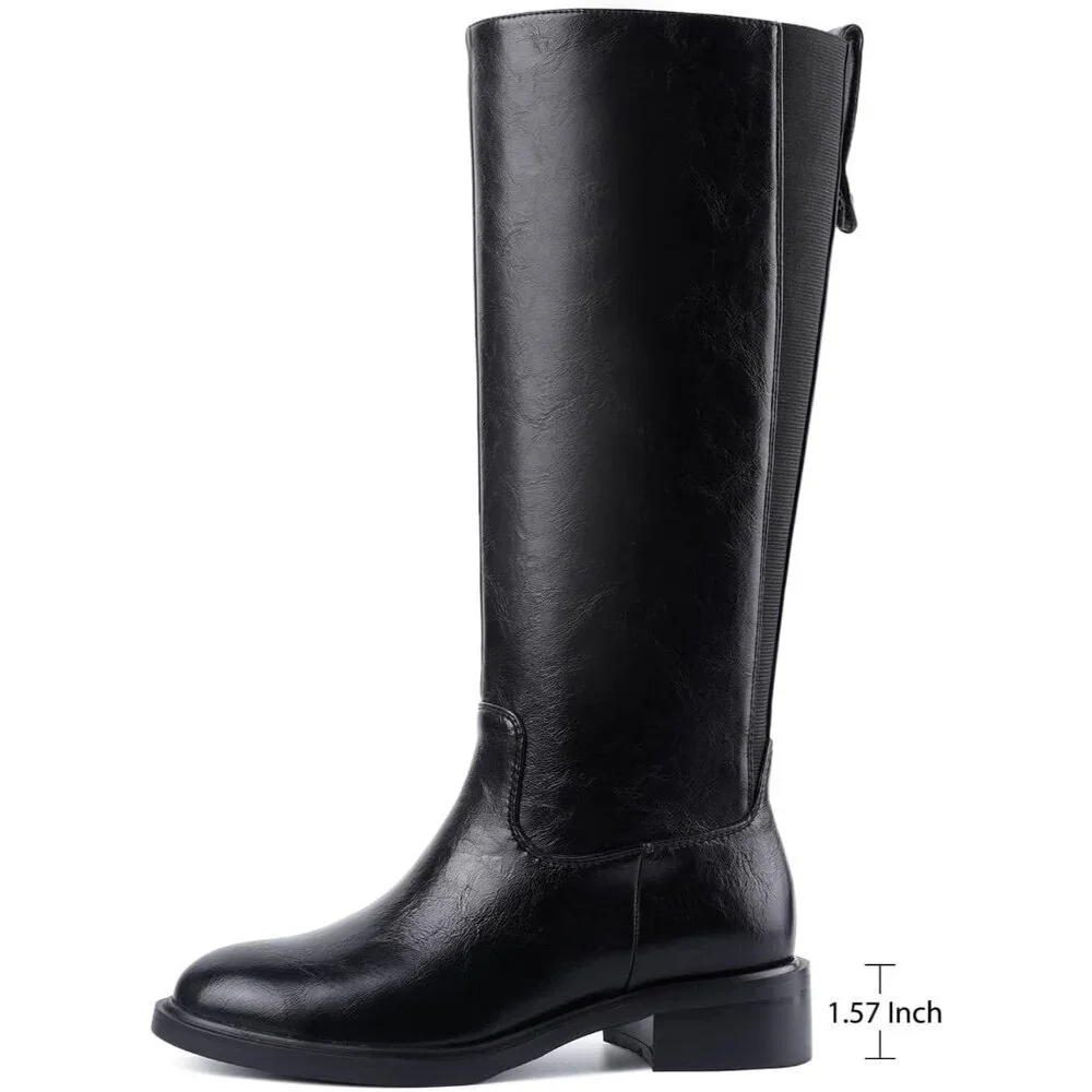 Women's A-black Round Toe Wide Calf Chunky Low Heel Pull Knee High Boots Rubber